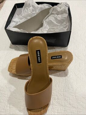 Nine West Tan Cork Wedge Slide Sandals